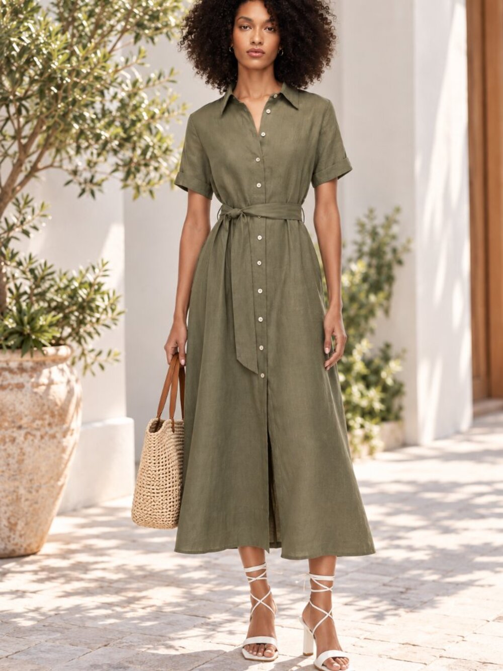 Aritizia Wilfred Eleta Linen Maxi Shirt Dress in Olive Leaf Green Sz S